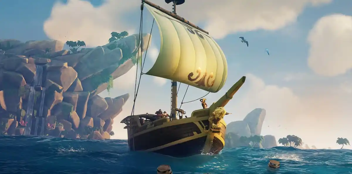 A Sloop sailing from the Thieves' Haven in Sea of Thieves