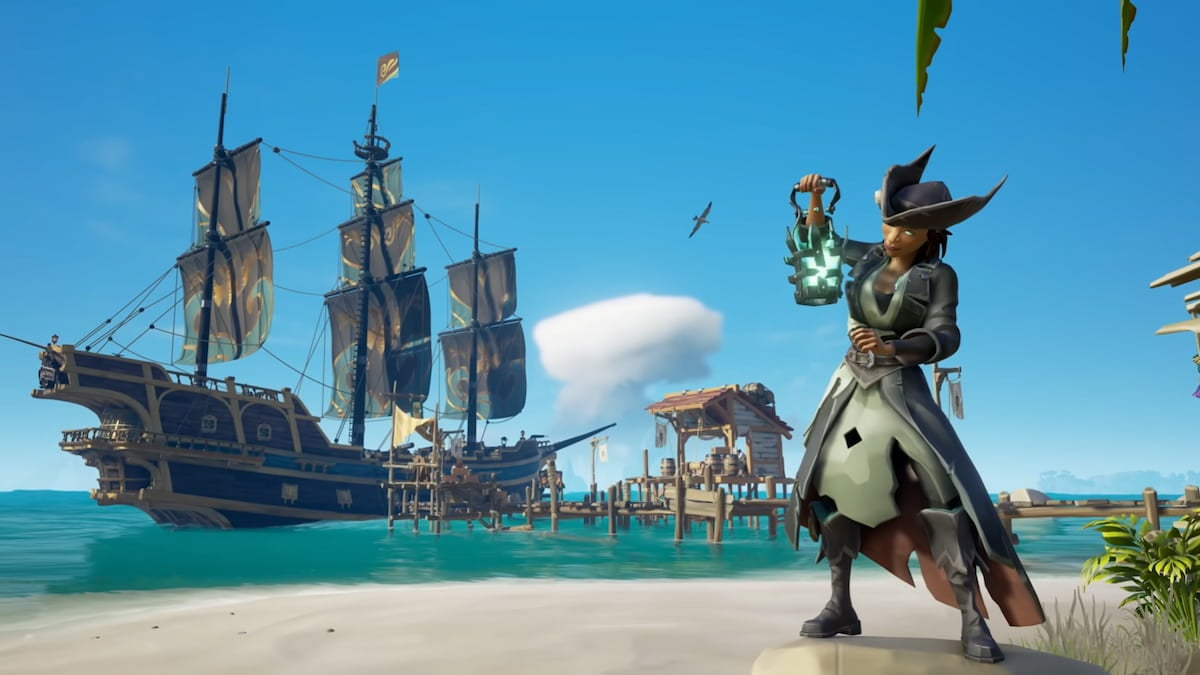 A pirate holding a green latern with a ship docked behind her in the distance.