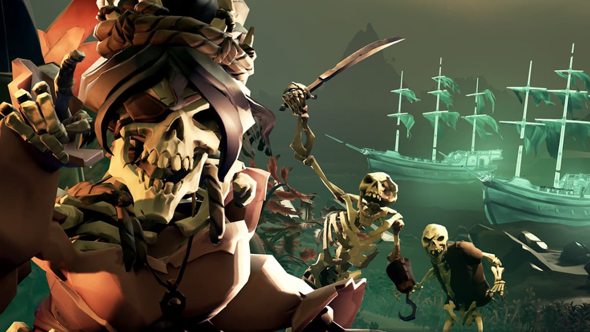 Three Pirate skeletons in Sea of Thieves with two ghost sips in the back.
