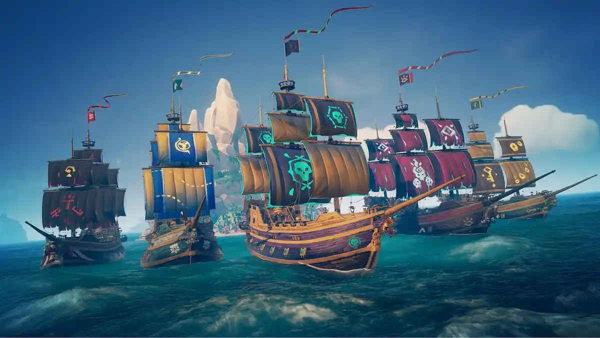 A fleet of five Emissary ships in Sea of Thieves.