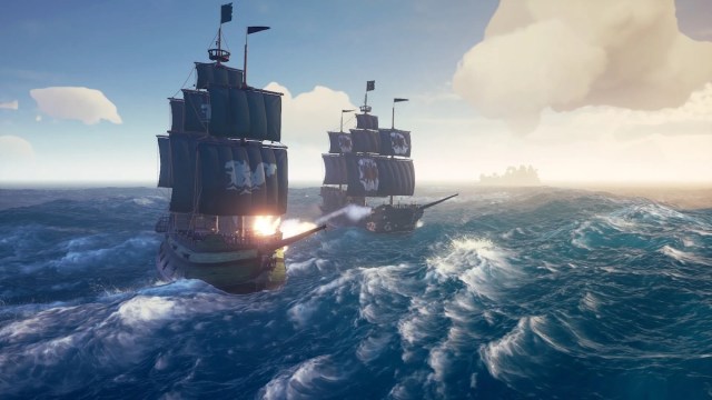 Two ships sailing on the ocean with clear skies in Sea of Thieves.
