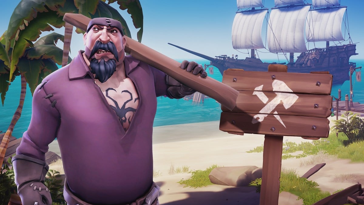 Sea of Thieves pirate holding plank of wood next to work sign.