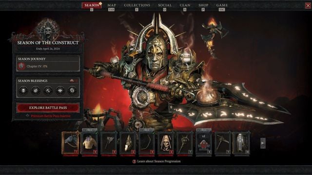 The battle pass page for the season of construct in Diablo 4