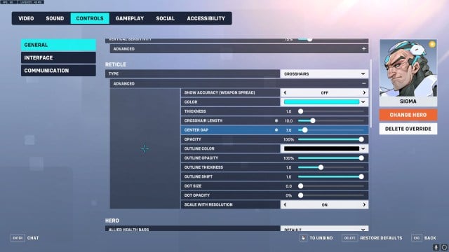 Settings for a Sigma crosshair in Overwatch 2.