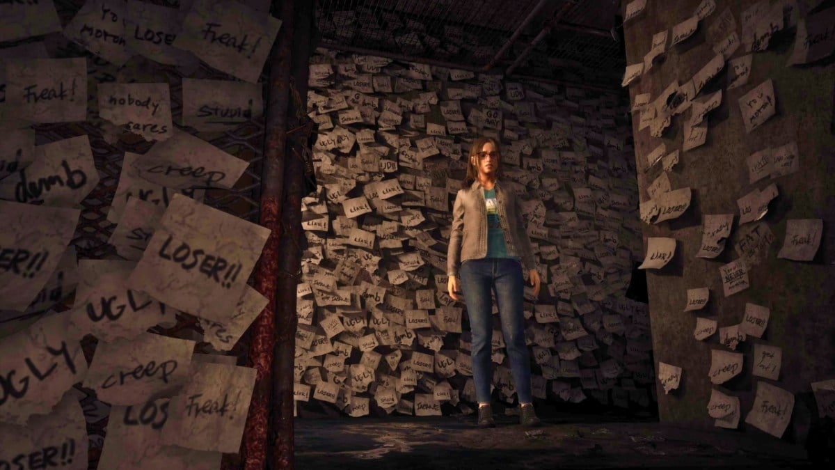 A girl standing in a room covered in sticky notes in Silent Hill The Short Message