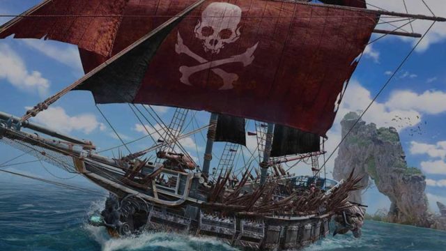 pirate ship with red flag in skull and bones