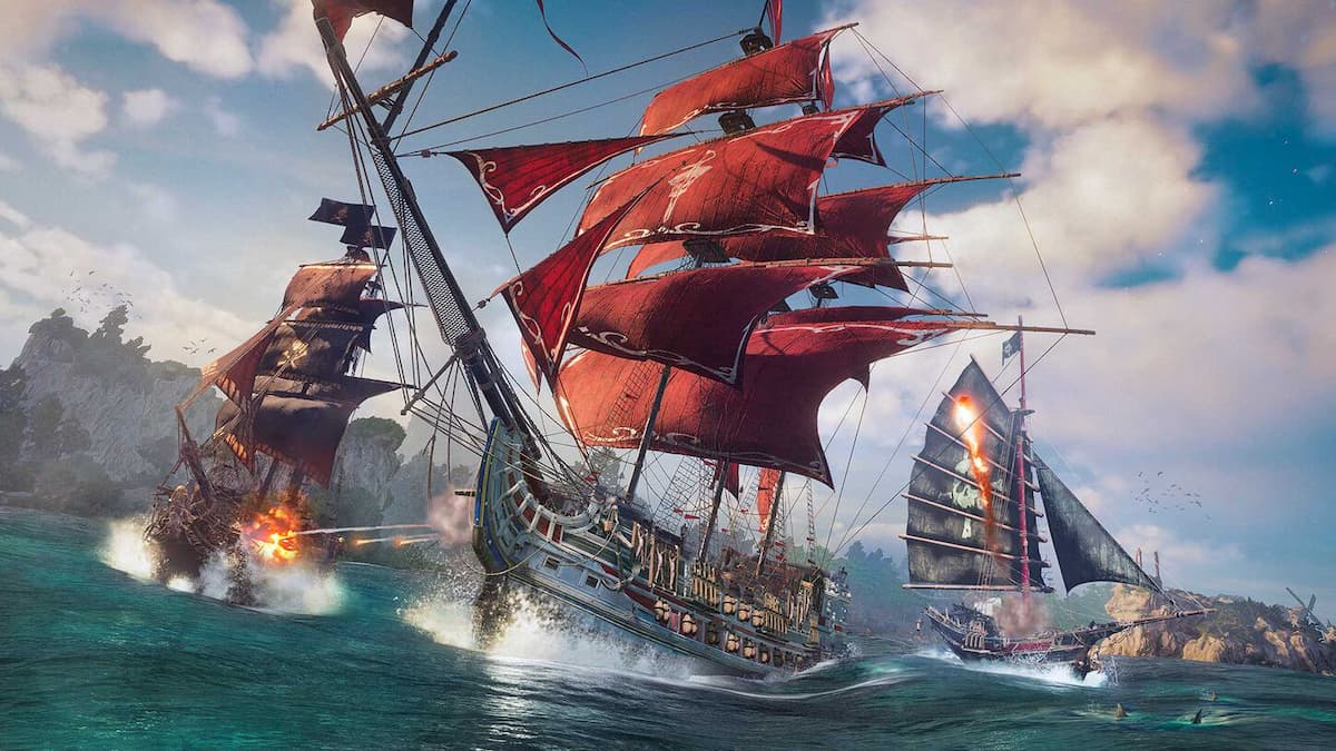 Three pirate ships fighting each other in the sea