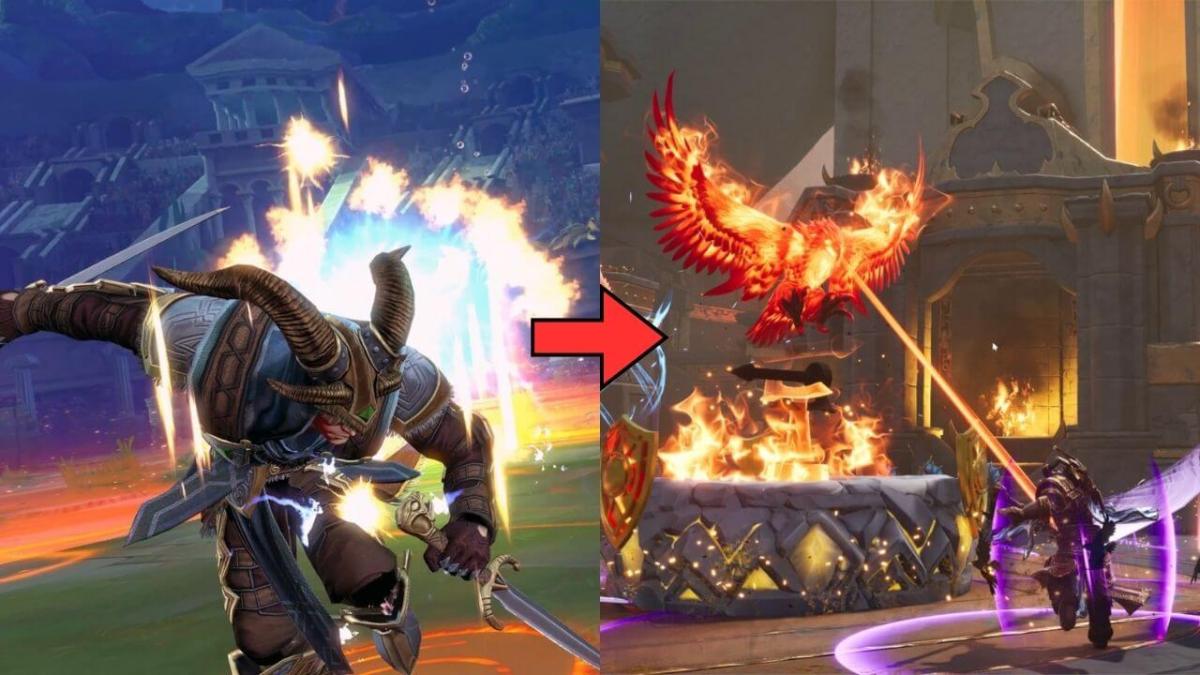 A split screen image of Smite on the left and Smite 2 on the right, showing the transition between the two.
