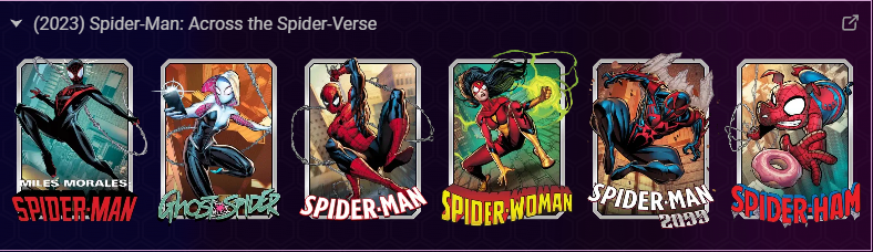 Marvel Snap On Screen project screenshot of cards that appear in Across the Spider-Verse.