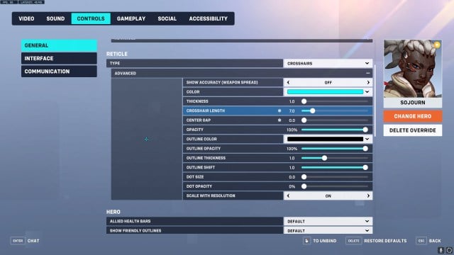 The crosshair settings for the best Sojourn crosshair in Overwatch 2.