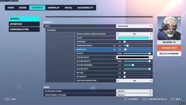 Recommended crosshair for Soldier: 76 in Overwatch 2.