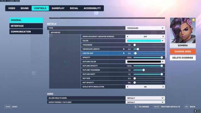 Recommended crosshair settings for Sombra in Overwatch 2.