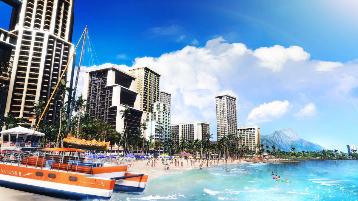 An ocean view in Like a Dragon: Infinite Wealth showing blue skies, the sea, boats, and beachfront skyscrapers.