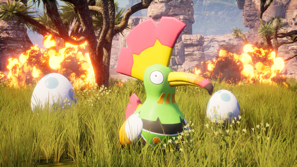 A Pal in Palworld shown alongside eggs and explosions.