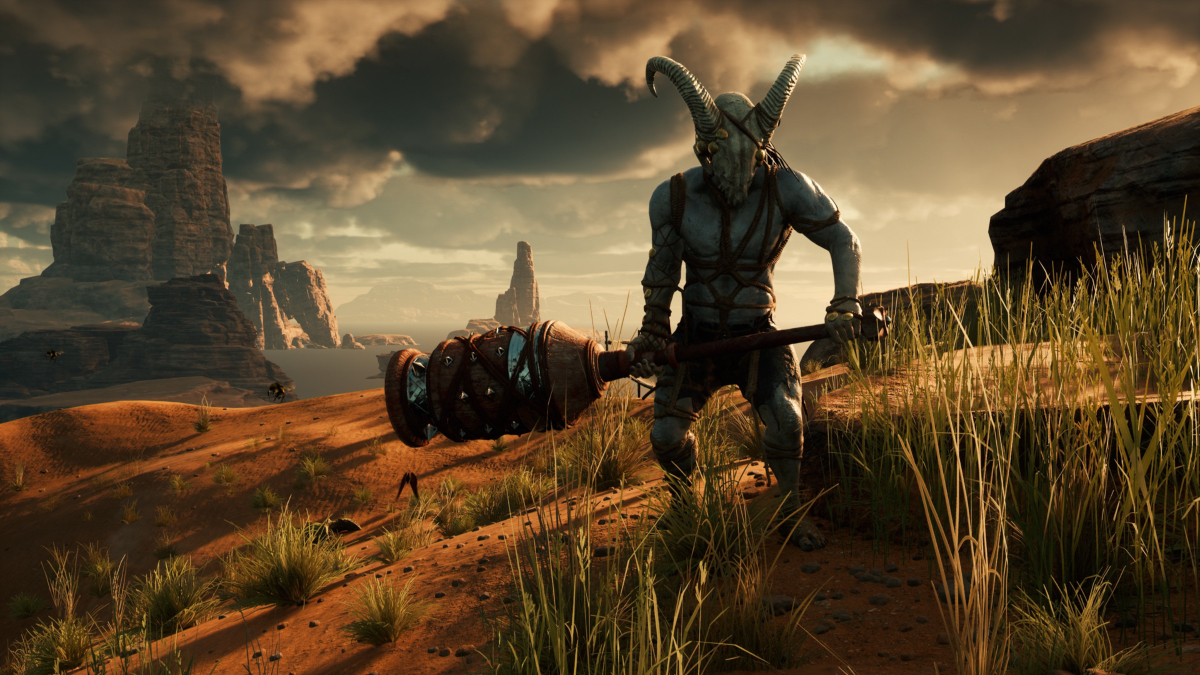 A character in Nightingale wielding a weapon and wearing an animal skull.