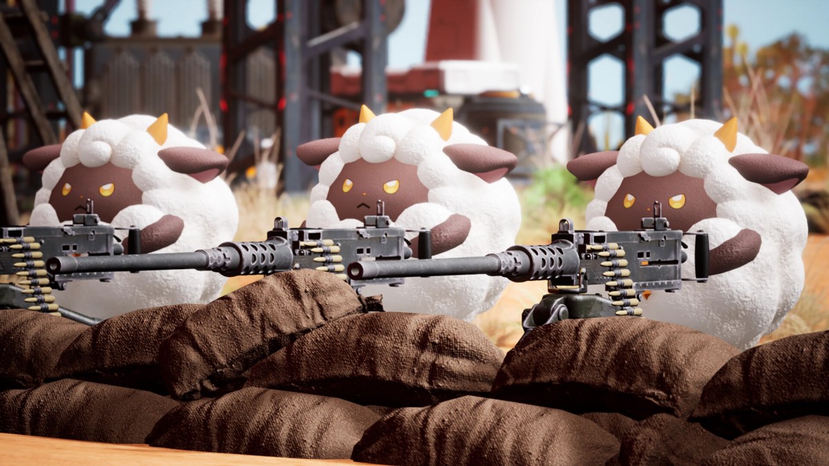 An in game image of three Pals with guns from Palworld.