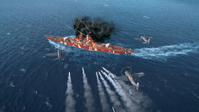 Planes firing upon a sinking ship in World of Warships.