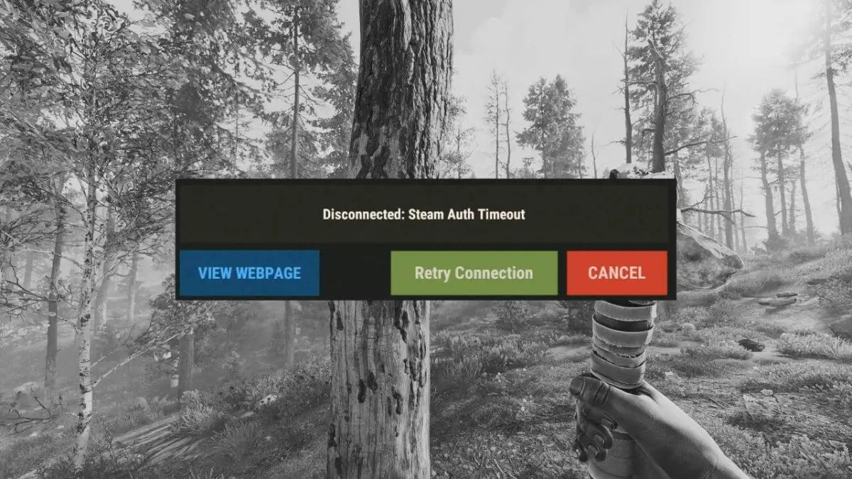 Steam Auth error message displayed over a forest scene in RUST.