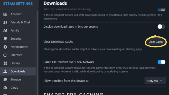 A screenshot of Steam's settings highlighting with a yellow circle the option to clear download cache.