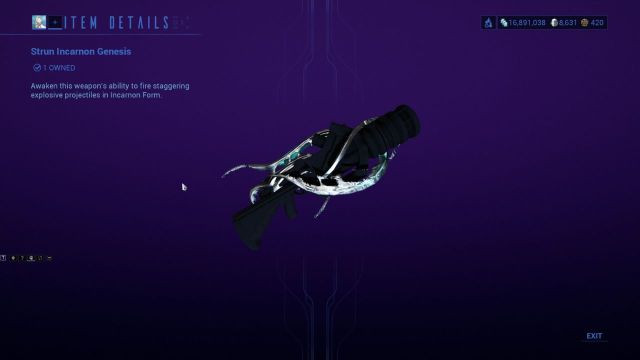 A screenshot of Warframe showing an Incarnon Weapon on a purple background.