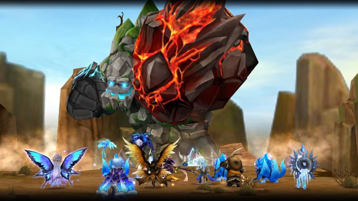 "Screenshot from the mobile game Summoners War featuring a diverse team of creatures ready for battle, including a massive stone and lava giant looming in the background, set in a rocky, desert-like arena.