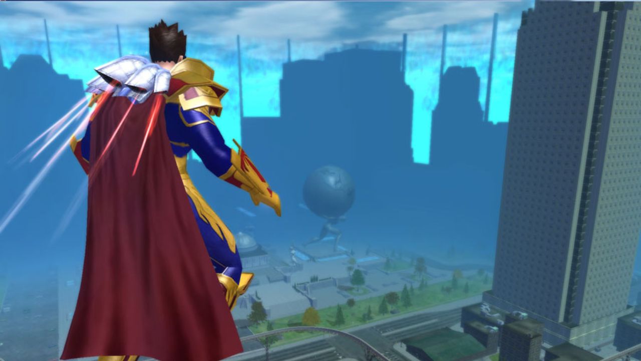 A man wearing a cape flying above a city in City of Heroes