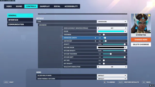 Recommended crosshair settings for Symmetra in Overwatch 2.