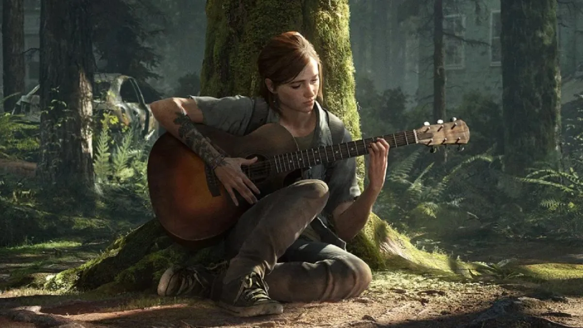 A promotional image of Ellie playing guitar in the woods from TLOU2