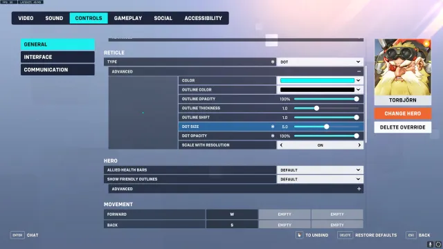 Recommended crosshair settings for Torbjorn in Overwatch 2.