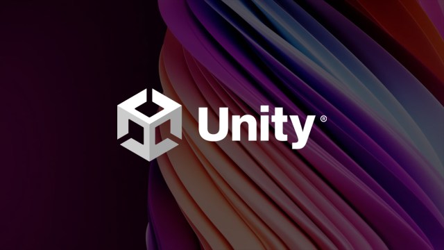 The Unity logo in front of a colorful background.