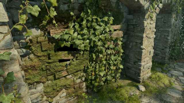 A stone wall with foliage growing on it and planks in a state of rot and disrepair enhanced visually by the Vivid Landscapes mod in Baldur's Gate 3.