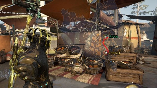 Screenshot from Warframe showing a player's character with a mini-map overlay pointing to 'SAYA' and 'KONZU' locations in a bustling market setting within the game.