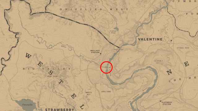 River intersection under Wallace Station circled on the RDR2 map