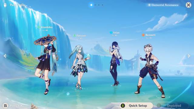 Genshin party featuring Wanderer, Faruzan, Yelan, and Bennett