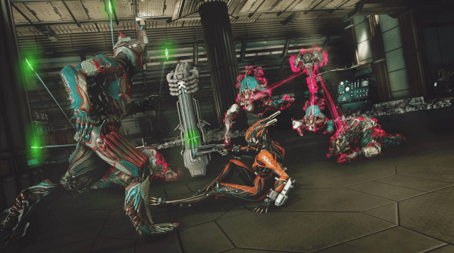 Two Warframes move across the scene in front of a Life Support Module and three Infested enemies buffed by an Arbitration Drone.