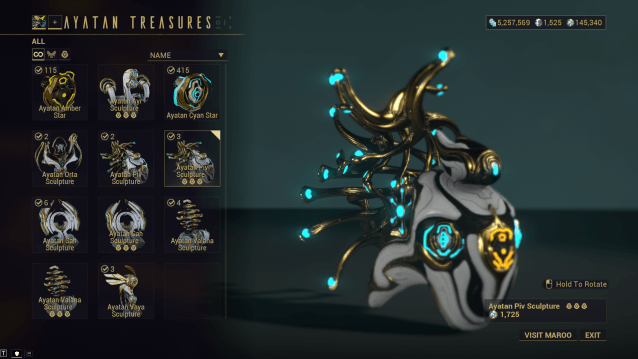 An Ayatan Piv Sculpture is presented in the Ayatan Treasures screen. It has been socketed with three Ayatan Stars, making its Endo value 1725.