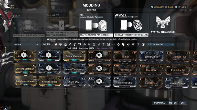 The Warframe modding station is open, with a variety of mods having been selected by the player. The option to dissolve them into Endo is available in the top right of the screen.