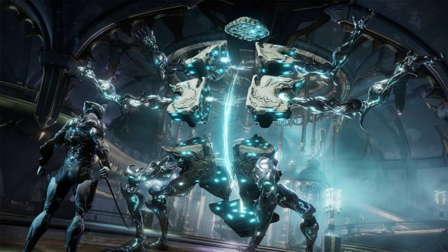 An Excalibur Warframe faces off against The Murmur in the Entrati laboratories.