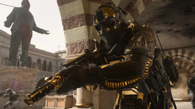 Call of Duty soldier in gold-trim armor carries a shotgun