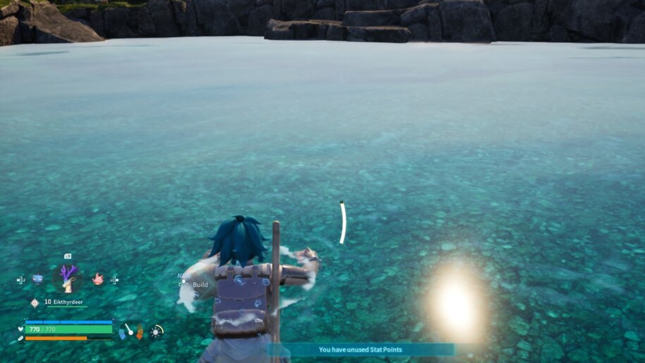 Woman swimming with a full stamina bar in palworld