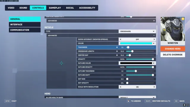 Settings for a Winston crosshair in Overwatch 2.