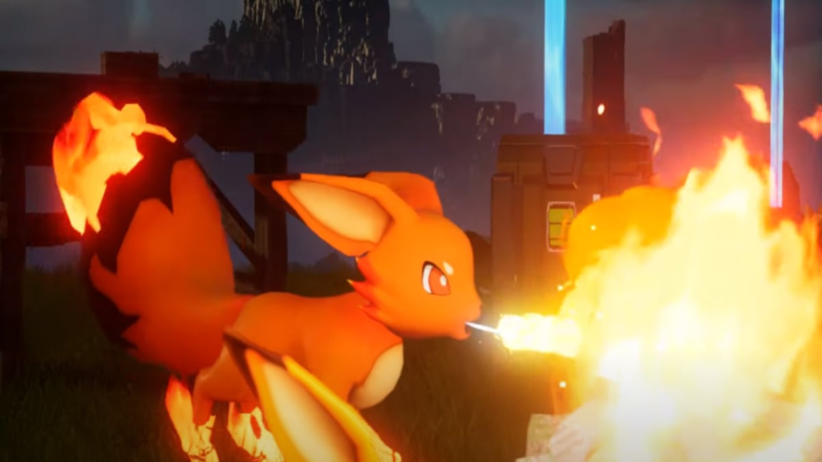 Foxparks in Palworld lighting a fire.