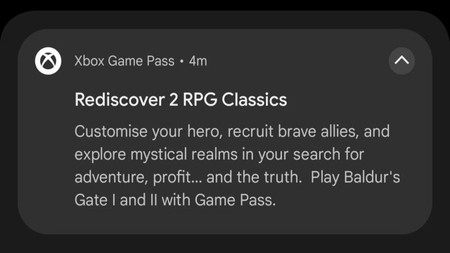 Baldur's Gate 1 and 2 Enhanced Edition Xbox Game Pass mobile app notification message