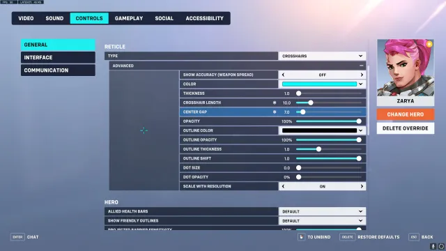 The best settings for a Zarya crosshair in Overwatch 2.