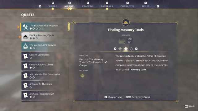 Quest description of Finding Masonry Tools Quest in Enshrouded