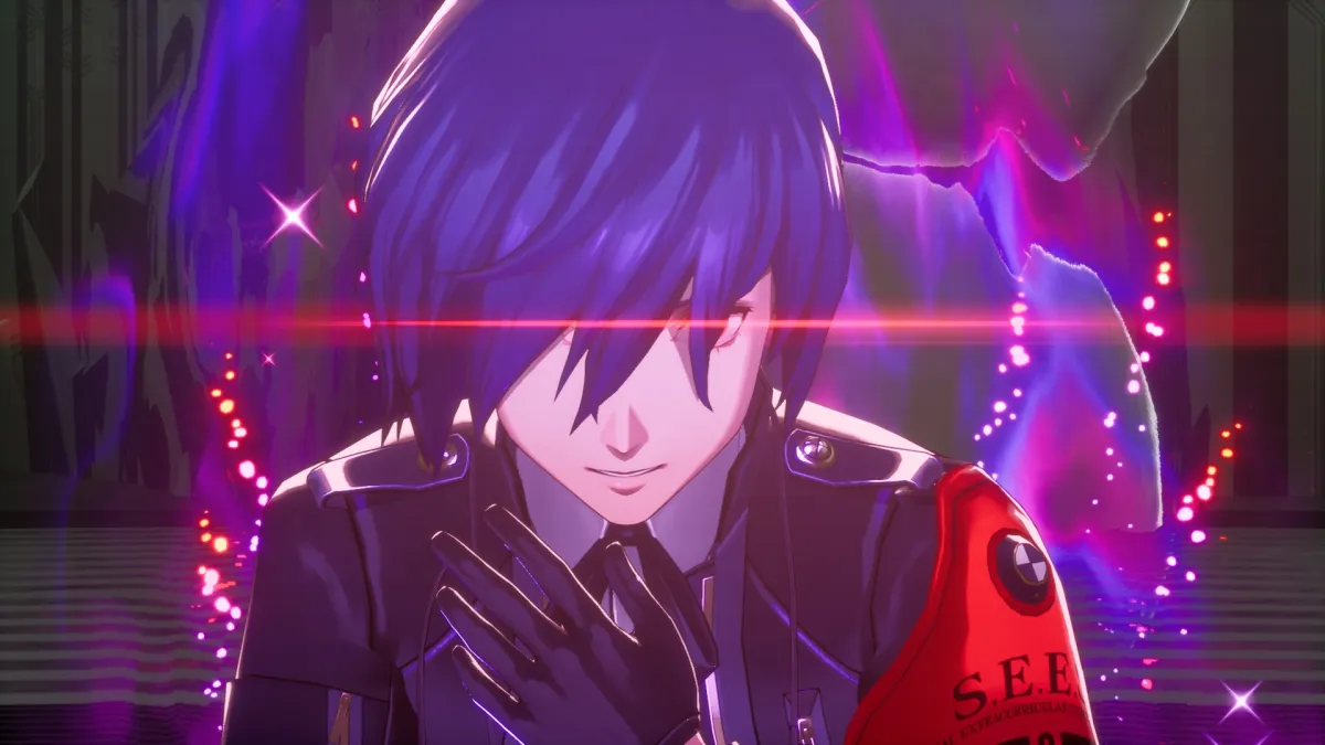 The Protagonist in Persona 3 using Armageddon, causing his eyes to glow in a demonic red.