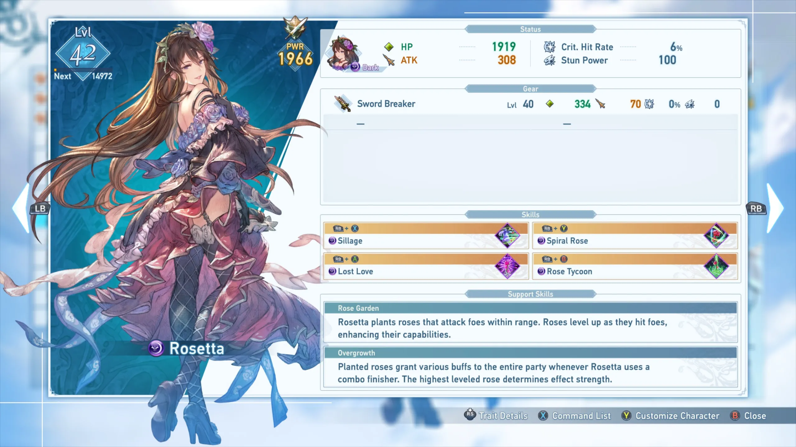 An image showcasing Rosetta's stats in Granblue Fantasy Relink.