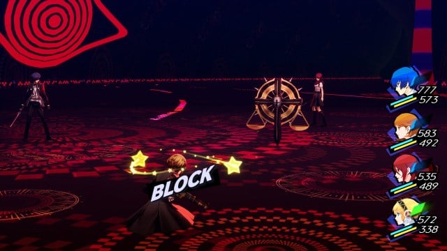 Aigis blocks a Vile Assault from the World Balance while she's downed.