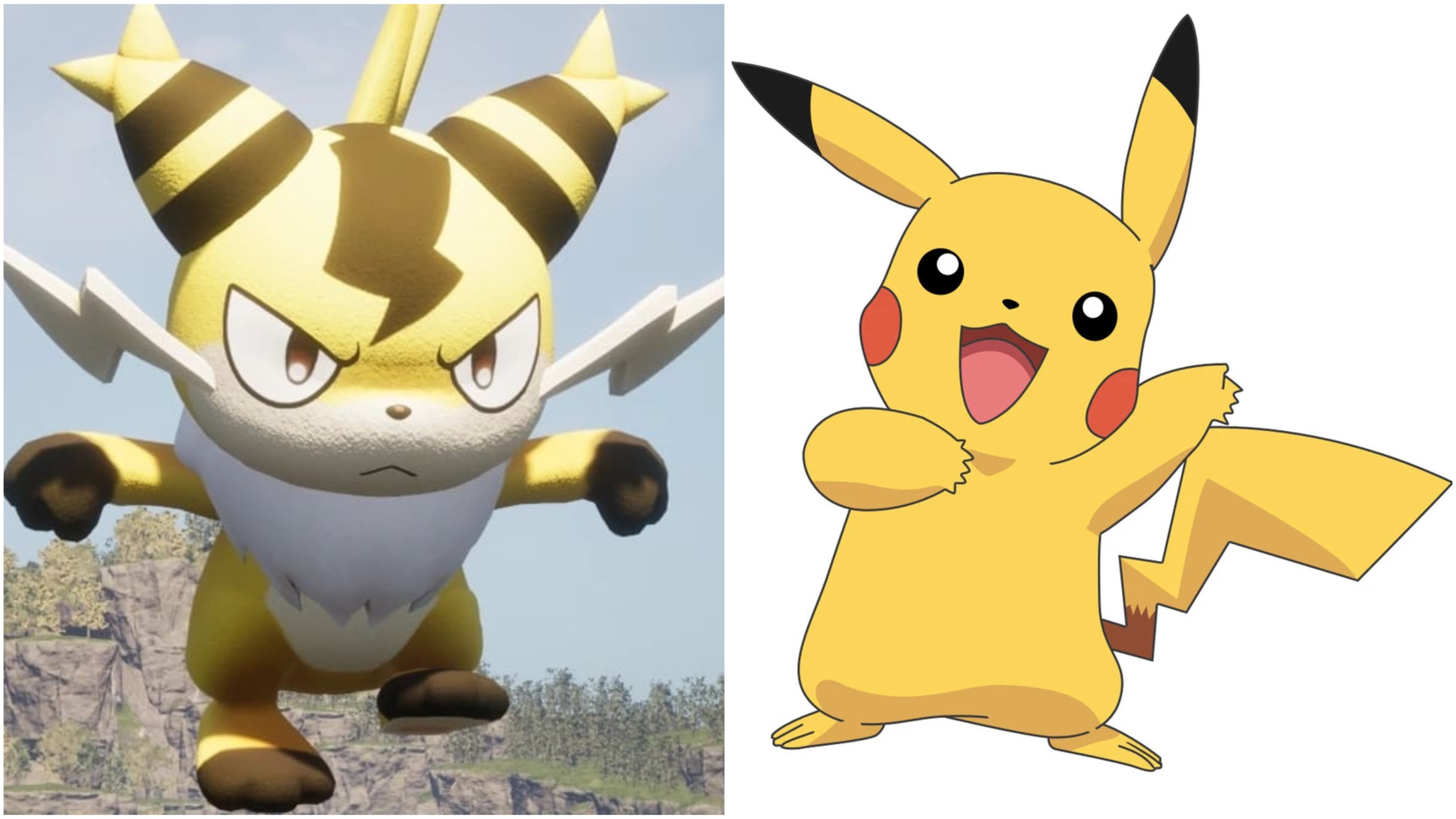 An image of the Palworld Pal Sparkit and the Pokemon Pikachu