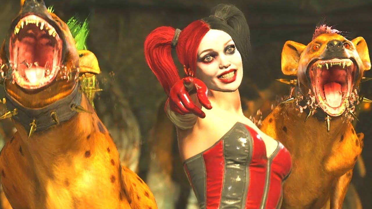 An in game image of Harley Quinn with Bud and Lou from Injustice 2.